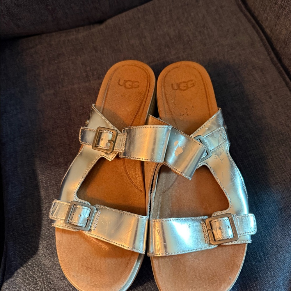 UGG Metallic Silver Slide Sandals